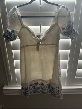 Show Me Your MuMu White Blouse with Blue Floral Embroidery